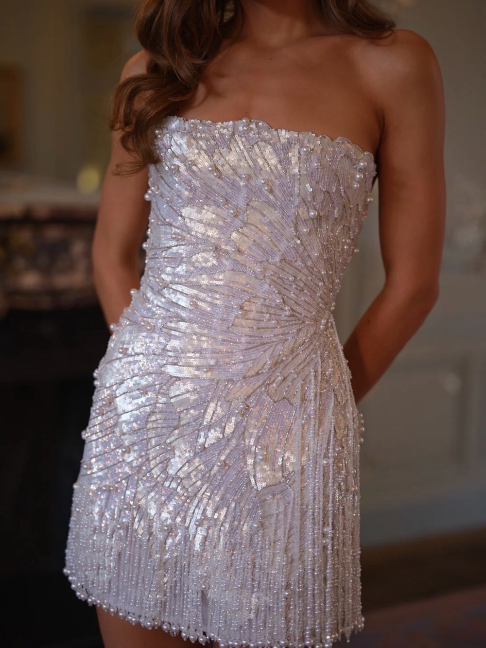 Backless white Sequin Mini Dress with Lace-Up Back - bridal after party